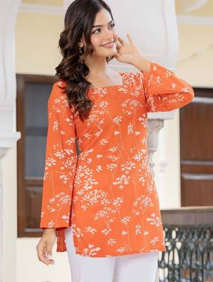Orange floral printed cotton tunic short kurti top for women 1