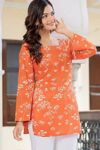 Orange floral printed cotton tunic short kurti top for women