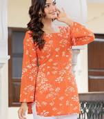 Orange floral printed cotton tunic short kurti top for women