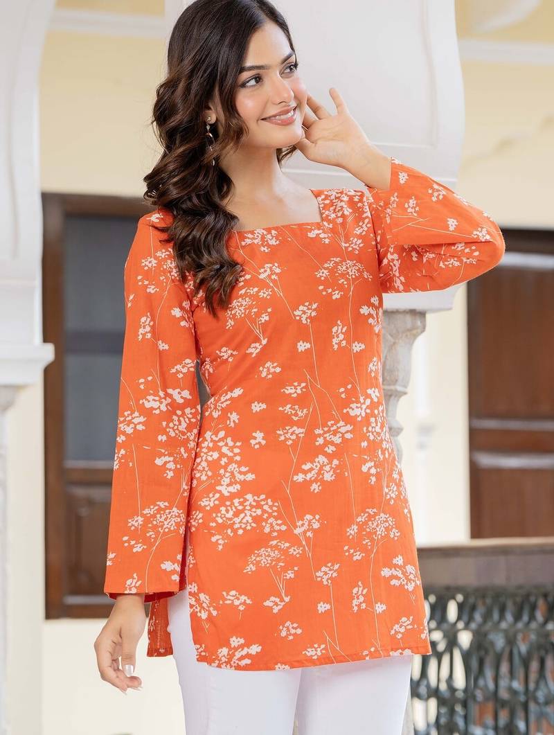Orange floral printed cotton tunic short kurti top for women