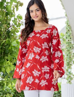 Red floral printed cotton tunic short kurti top for women 1