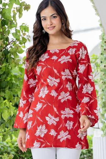 Red floral printed cotton tunic short kurti top for women