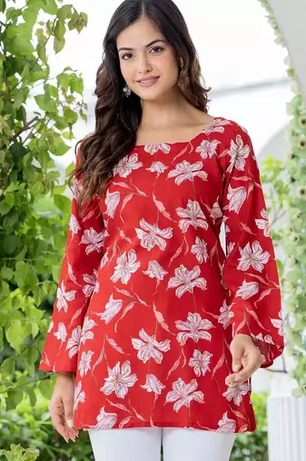 Red floral printed cotton tunic short kurti top for women