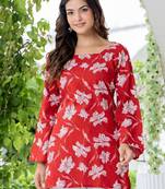 Red floral printed cotton tunic short kurti top for women