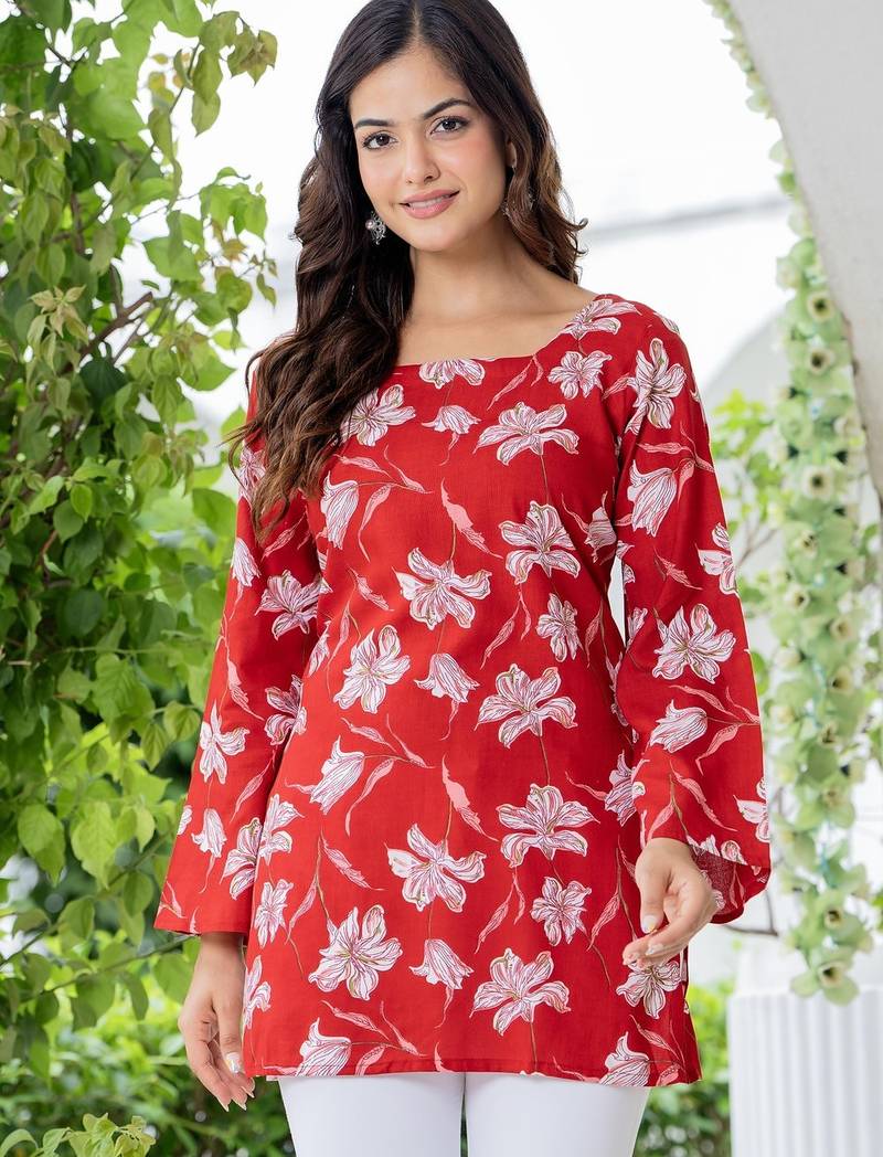 Red floral printed cotton tunic short kurti top for women