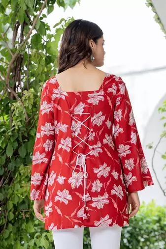 Red floral printed cotton tunic short kurti top for women