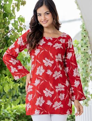 Red floral printed cotton tunic short kurti top for women 3