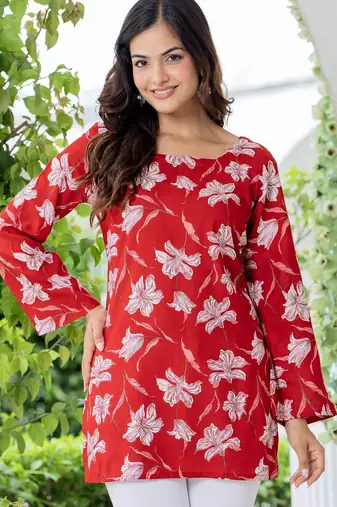 Red floral printed cotton tunic short kurti top for women