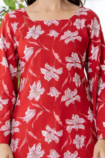 Red floral printed cotton tunic short kurti top for women