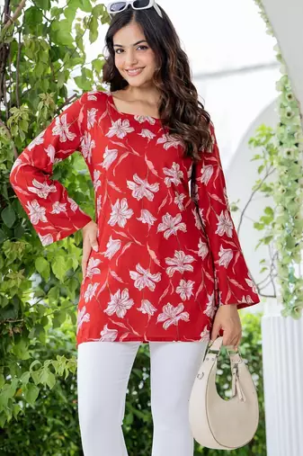 Red floral printed cotton tunic short kurti top for women