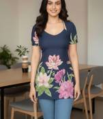 Navy blue floral printed cotton tunic short kurti top for women