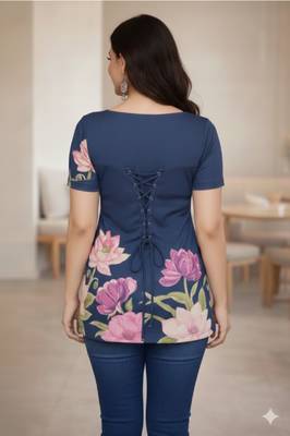 Navy blue floral printed cotton tunic short kurti top for women 2