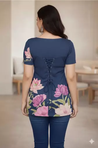 Navy blue floral printed cotton tunic short kurti top for women