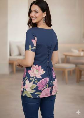 Navy blue floral printed cotton tunic short kurti top for women 4