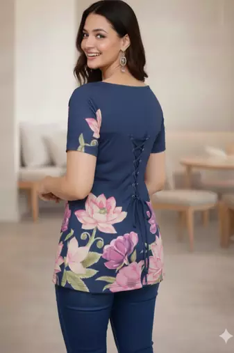 Navy blue floral printed cotton tunic short kurti top for women