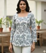 White floral printed cotton tunic short kurti top for women