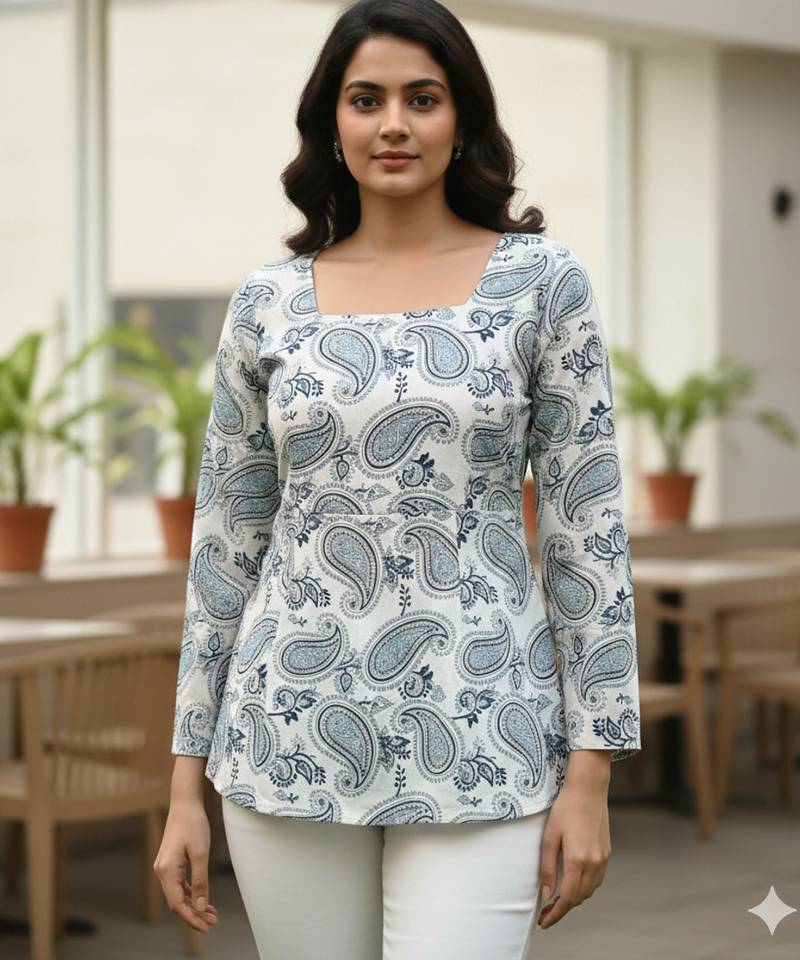 White floral printed cotton tunic short kurti top for women