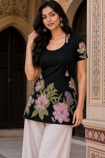 Black floral printed cotton tunic short kurti top for women