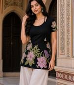Black floral printed cotton tunic short kurti top for women