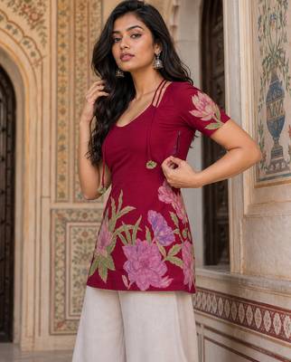 Maroon floral printed cotton tunic short kurti top for women 2