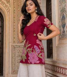 Maroon floral printed cotton tunic short kurti top for women
