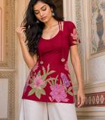 Maroon floral printed cotton tunic short kurti top for women