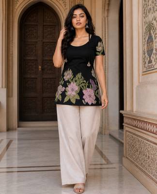 Black floral printed cotton tunic short kurti top for women 2