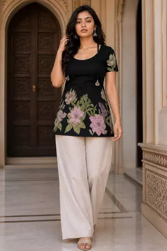 Black floral printed cotton tunic short kurti top for women