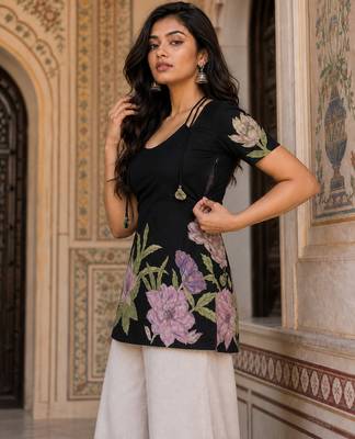 Black floral printed cotton tunic short kurti top for women 3