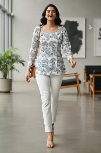 White floral printed cotton tunic short kurti top for women