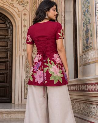 Maroon floral printed cotton tunic short kurti top for women 3