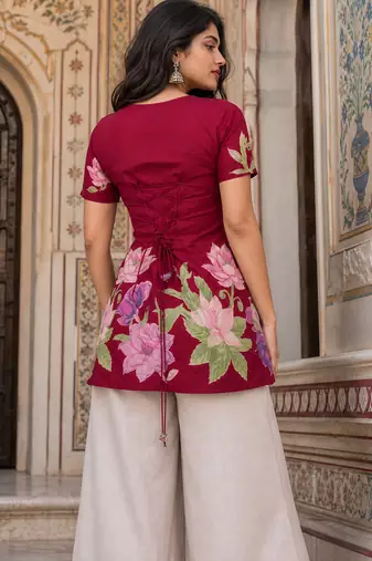 Maroon floral printed cotton tunic short kurti top for women