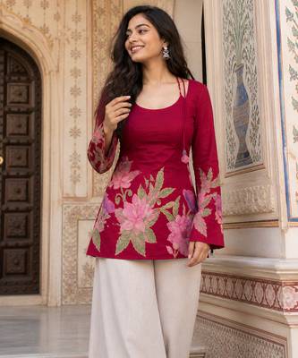 Maroon floral printed cotton tunic short kurti top for women 4