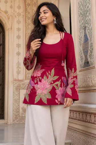 Maroon floral printed cotton tunic short kurti top for women