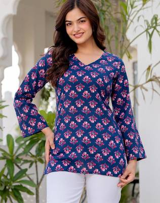 Navy blue floral printed cotton tunic short kurti top for women 1