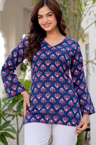 Navy blue floral printed cotton tunic short kurti top for women