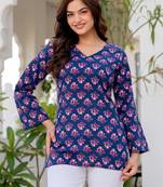 Navy blue floral printed cotton tunic short kurti top for women