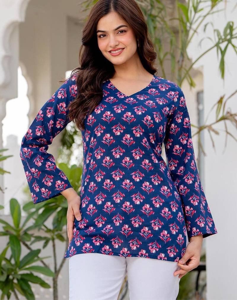 Navy blue floral printed cotton tunic short kurti top for women