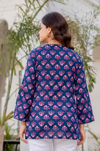 Navy blue floral printed cotton tunic short kurti top for women