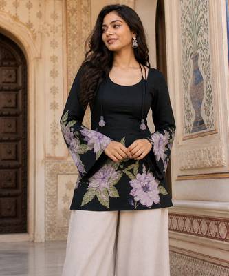 Black floral printed cotton tunic short kurti top for women 1