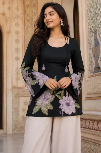 Black floral printed cotton tunic short kurti top for women