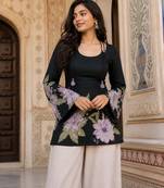 Black floral printed cotton tunic short kurti top for women