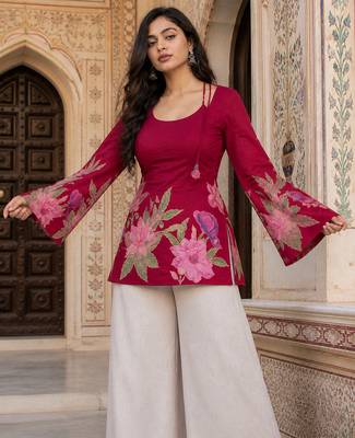 Maroon floral printed cotton tunic short kurti top for women 2