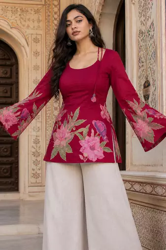 Maroon floral printed cotton tunic short kurti top for women