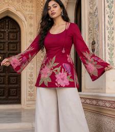 Maroon floral printed cotton tunic short kurti top for women