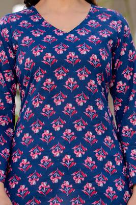 Navy blue floral printed cotton tunic short kurti top for women 3