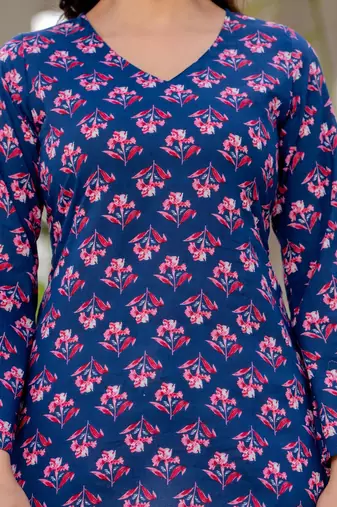 Navy blue floral printed cotton tunic short kurti top for women