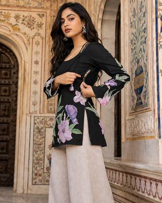 Black floral printed cotton tunic short kurti top for women 2