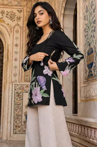 Black floral printed cotton tunic short kurti top for women