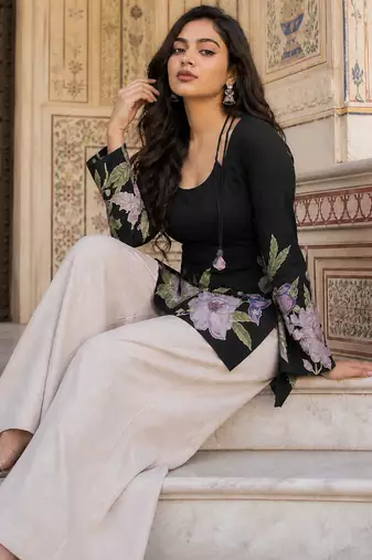 Black floral printed cotton tunic short kurti top for women